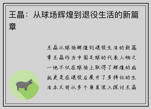 王晶：从球场辉煌到退役生活的新篇章